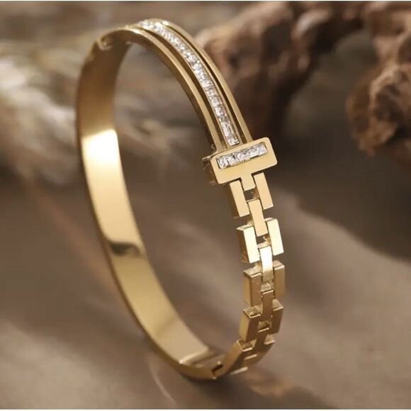 👠 Gold Link Cz Diamond Bangle Bracelet - Picture 16 of 17